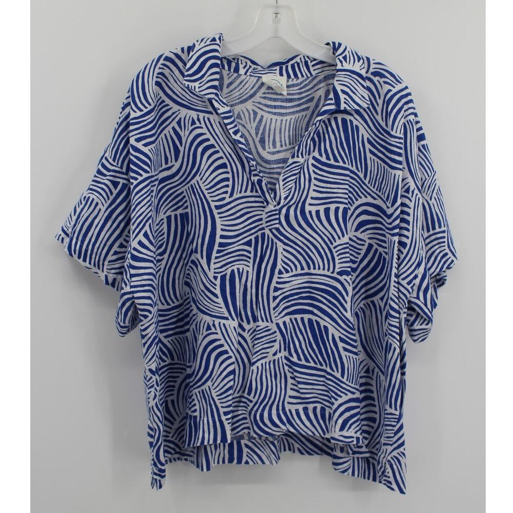 Loft Beach Womens Linen Top V Neck Polo size 2XL Blue Print